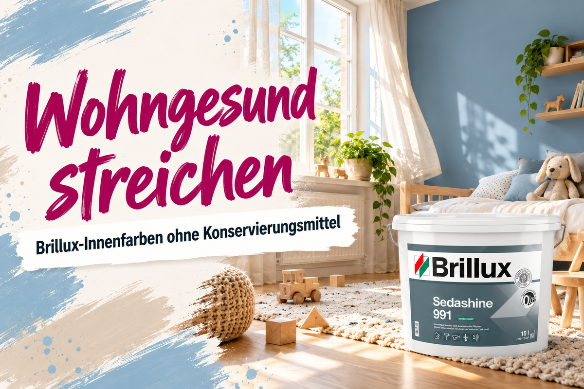 Hell gestrichenes Kinderzimmer mit blauer Wand und einem Eimer Brillux Sedashine 991, Schriftzug Wohngesund streichen: Brillux-Innenfarben ohne Konservierungsmittel