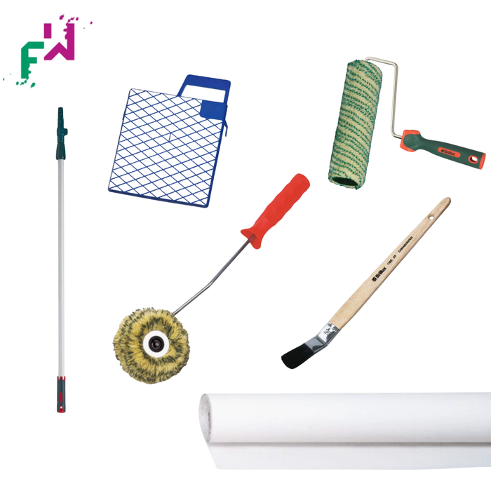 Profi-Malerwerkzeug-Set mit Farbwalze, Pinsel, Teleskop und Abdeckpapier von Farben Willenborg